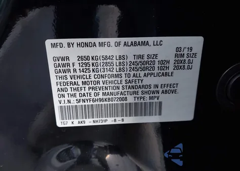 2019 Honda Pilot Touring from USA, damaged, VIN 5FNYF6H96KB072008
